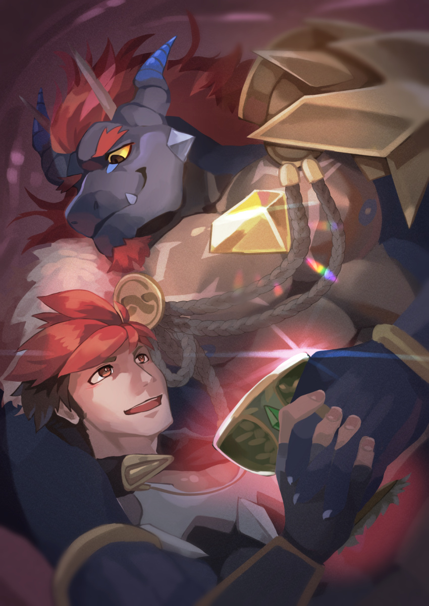 abs anothereidos_of_dragon_vein_r anthro arm_over_shoulder armor barboros_(anothereidos_r) chest_gem container cup dragon duo gaia_(anothereidos_r) gem goblet hair hand_holding hi_res horn human hybrid kukku_kuu light_body light_skin male mammal mythological_creature mythological_scalie mythology nipples orange_hair pauldron pecs scalie