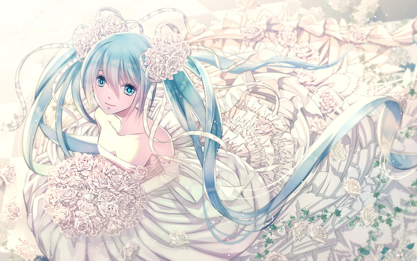 aqua_eyes aqua_hair bouquet bride commentary_request dress elbow_gloves female flower from_above gloves hair_flower hair_ornament hatsune_miku highres long_hair rose sakamoto_akira solo strapless strapless_dress twintails very_long_hair vocaloid wedding_dress white_dress white_flower white_gloves white_rose white_theme