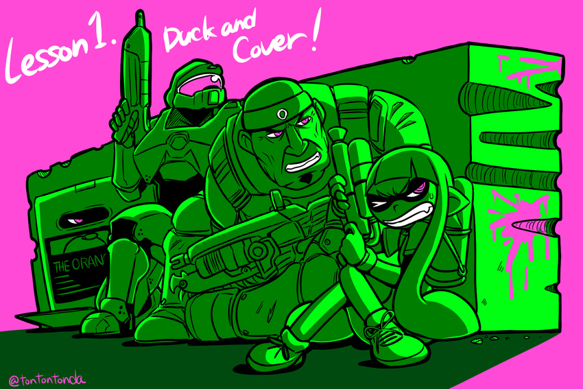 3boys assault_visor box cardboard_box commentary_request english_text female gears_of_war gun halo_(series) highres inkling inkling_girl inkling_player_character lancer_(gears_of_war) marcus_fenix master_chief metal_gear_(series) monster_girl multiple_boys power_suit purple_background solid_snake spartan_(halo) splatoon_(series) splatoon_1 tonda wall weapon