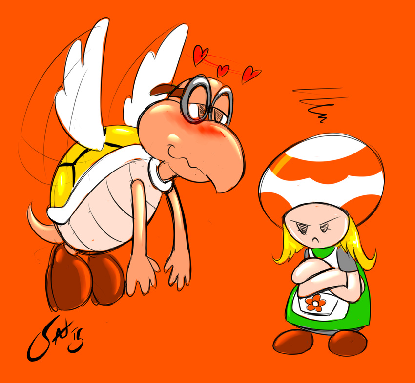 anthro blush clothing duo fan_character feathered_wings feathers female flower hair hi_res koopa koopa_paratroopa koopa_troopa love male mario_bros nintendo plant pouting reptile saliant scalie simple_background smile toad_(mario) wings