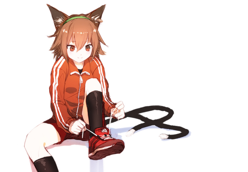 adidas alternate_costume animal_ears bad_id bad_twitter_id black_socks brown_eyes brown_hair cat_ears cat_girl cat_tail chen chromatic_aberration commentary_request earrings female hairband jacket jewelry kinketsu multiple_tails red_footwear red_shorts shoes short_hair shorts simple_background single_earring sitting smile sneakers socks solo tail touhou track_jacket two_tails tying_footwear white_background