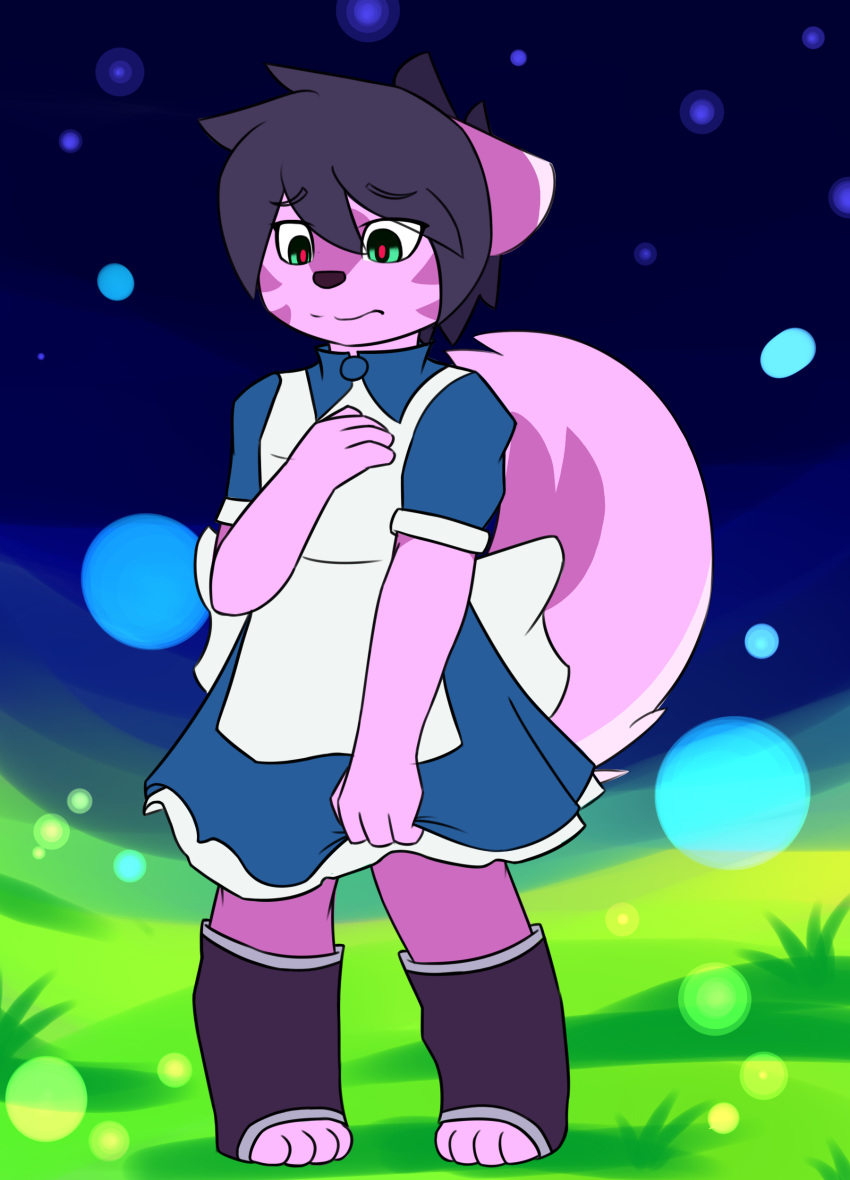 absurd_res anthro canid canine clothed clothing crossdressing cynxie_(artist) dress fox fur green_eyes hi_res legwear mammal naz_namaki_(cynxie) pink_body pink_fur pupils purple_body purple_fur red_pupils simple_background solo standing stockings