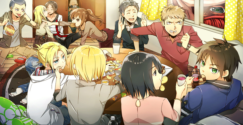 5girls 6+boys akami_fumio all_fours annie_leonhart armin_arlert brown_hair checkerboard_cookie clenched_hand clenched_teeth closed_eyes coca-cola colossal_titan commentary_request connie_springer cookie dot_pixis eren_yeager eye_contact food green_eyes grey_hair highres indoors jean_kirstein krista_lenz long_hair looking_at_another marco_bott mikasa_ackerman mouth_hold multiple_boys multiple_girls pocky pocky_kiss pringle_duck red_shirt sasha_blouse shared_food sharing_food shingeki_no_kyojin shirt tearing_up tears teeth titan_(shingeki_no_kyojin) window wooden_floor wrist_cuffs ymir_(shingeki_no_kyojin) yuri