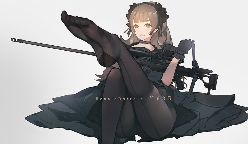 barrett_m98b black_dress black_gloves black_pantyhose blunt_bangs brown_eyes brown_hair commentary dress female frills gloves gun hairband highres holding holding_gun holding_weapon legs leupold_optics lisa_(kimiko2016) long_hair looking_at_viewer open_mouth original pantyhose plantar_flexion rifle scope sidelocks sitting smile sniper_rifle soles solo thighs toes weapon