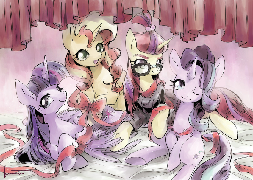 2017 alicorn curtains cutie_mark digital_media_(artwork) equestria_girls equid equine eyelashes eyewear female feral friendship_is_magic glasses group hair happy hasbro horn kuzumori mammal moondancer_(mlp) multicolored_hair my_little_pony mythological_creature mythological_equine mythology one_eye_closed purple_eyes ribbons smile starlight_glimmer_(mlp) sunset_shimmer_(eg) twilight_sparkle_(mlp) two_tone_hair unicorn wings wink