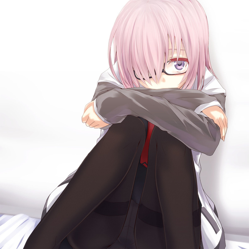 bed_sheet black-framed_eyewear black_pantyhose commentary fate/grand_order fate_(series) female glasses hair_over_one_eye highres hugging_own_legs jacket kurokawa_(silve) long_sleeves looking_at_viewer mash_kyrielight necktie panties panties_under_pantyhose pantyhose pantyshot photoshop_(medium) pink_hair purple_eyes red_necktie short_hair simple_background solo thighband_pantyhose underwear white_background