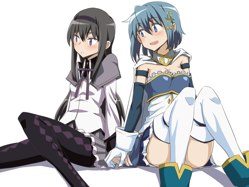 :d akemi_homura argyle argyle_legwear armband banned_artist blue_eyes blue_hair breasts cape cleavage flt_(furuto) gloves hair_ornament hairband hairclip holding_hands long_hair mahou_shoujo_madoka_magica mahou_shoujo_madoka_magica_movie medium_breasts miki_sayaka multiple_girls open_mouth pantyhose short_hair simple_background small_breasts smile thighhighs white_background zettai_ryouiki