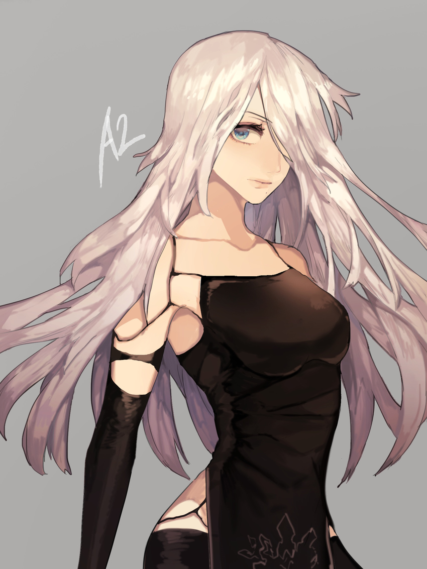 a2_(nier:automata) android blue_eyes breasts character_name collarbone commentary_request elbow_gloves eyelashes female gloves hair_over_one_eye highres long_hair looking_at_viewer medium_breasts mole mole_under_mouth nahonanaho nier:automata nier_(series) patterned_clothing sleeveless solo tank_top white_hair