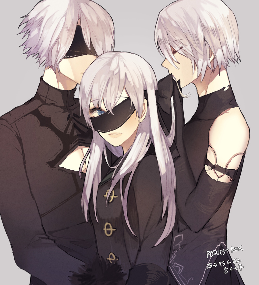 2b_(nier:automata) 2boys 9s_(nier:automata) a2_(nier:automata) black_blindfold blindfold blue_eyes character_name cleavage_cutout closed_eyes clothing_cutout commentary_request covered_eyes english_text female genderswap_(ftm) genderswap_(mtf) grey_background highres long_hair long_sleeves looking_at_another mole mole_under_mouth multiple_boys nahonanaho nier:automata nier_(series) rule_63 short_hair simple_background white_hair