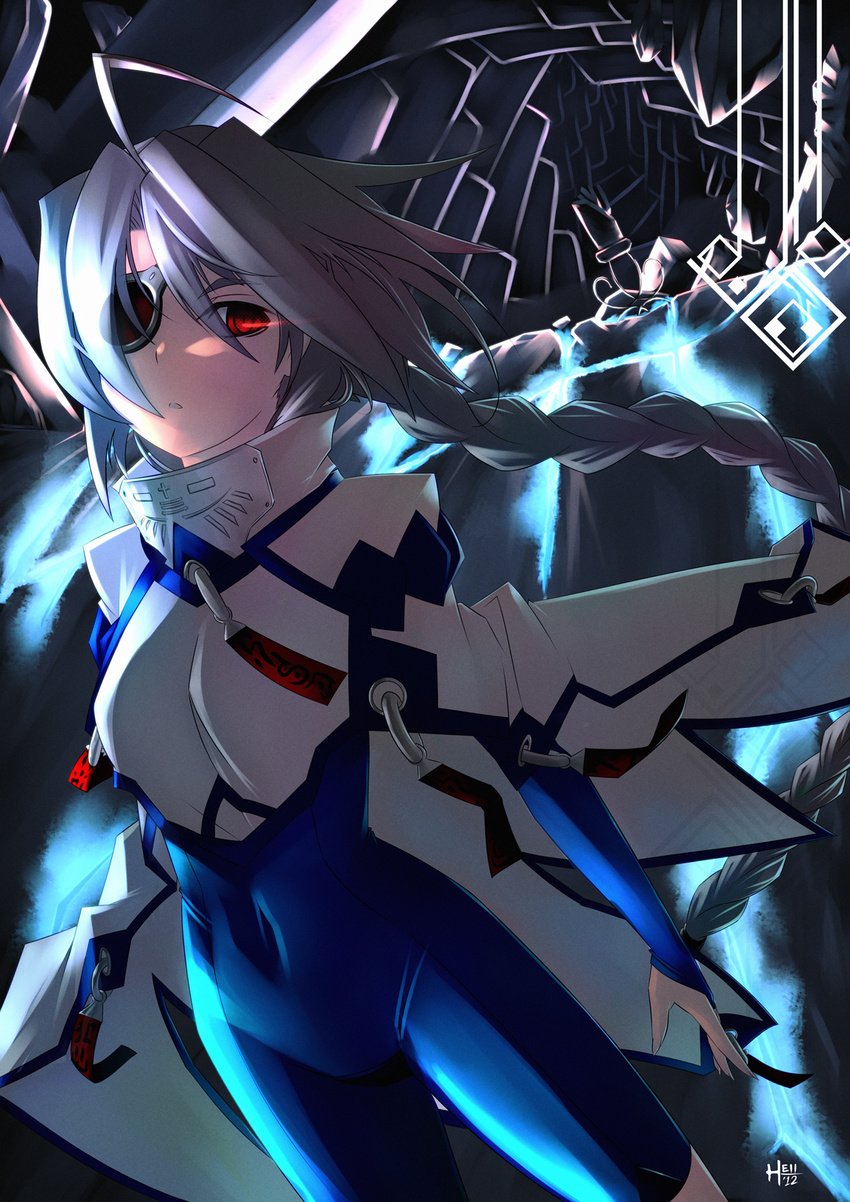 ahoge blazblue bodysuit cape commentary_request eyepatch female grey_hair hell_machina highres nu-13 photoshop_(medium) red_eyes