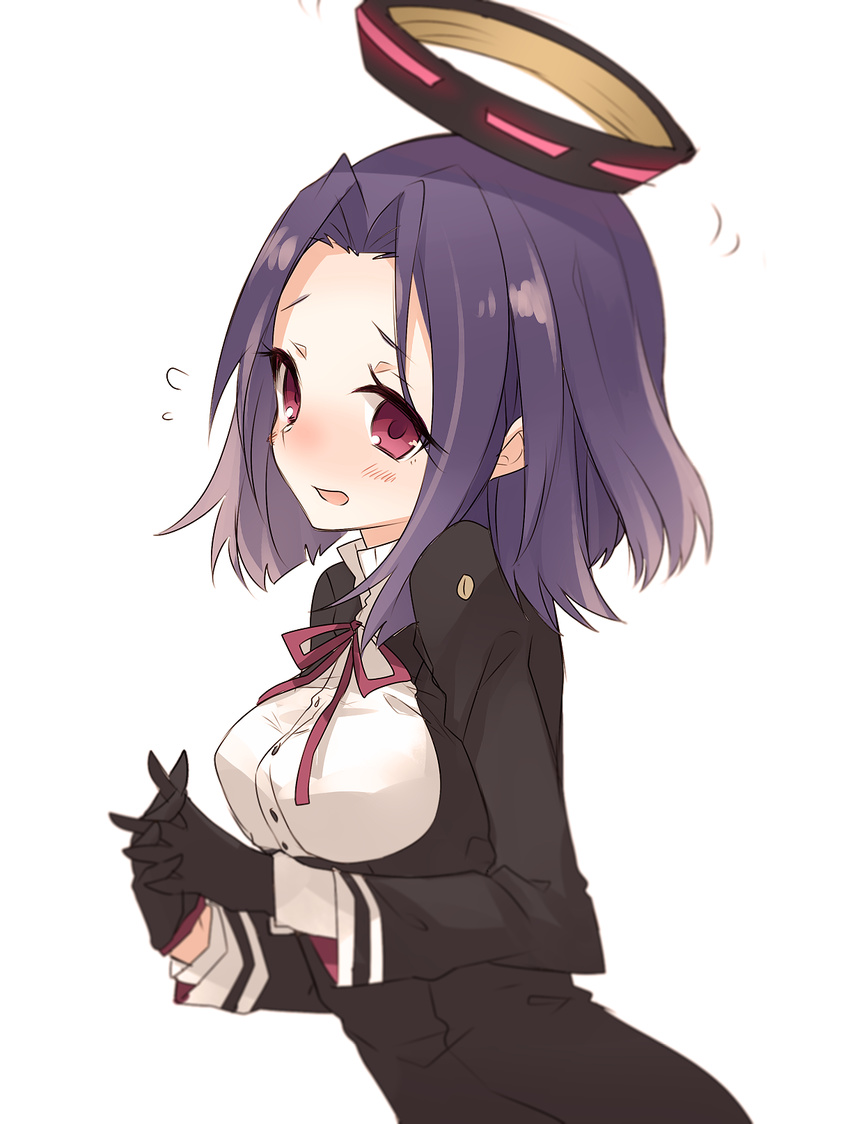 bad_id bad_twitter_id blush female gloves hair_intakes halo highres kantai_collection mechanical_halo orqz purple_eyes purple_hair school_uniform short_hair solo tatsuta_(kancolle)