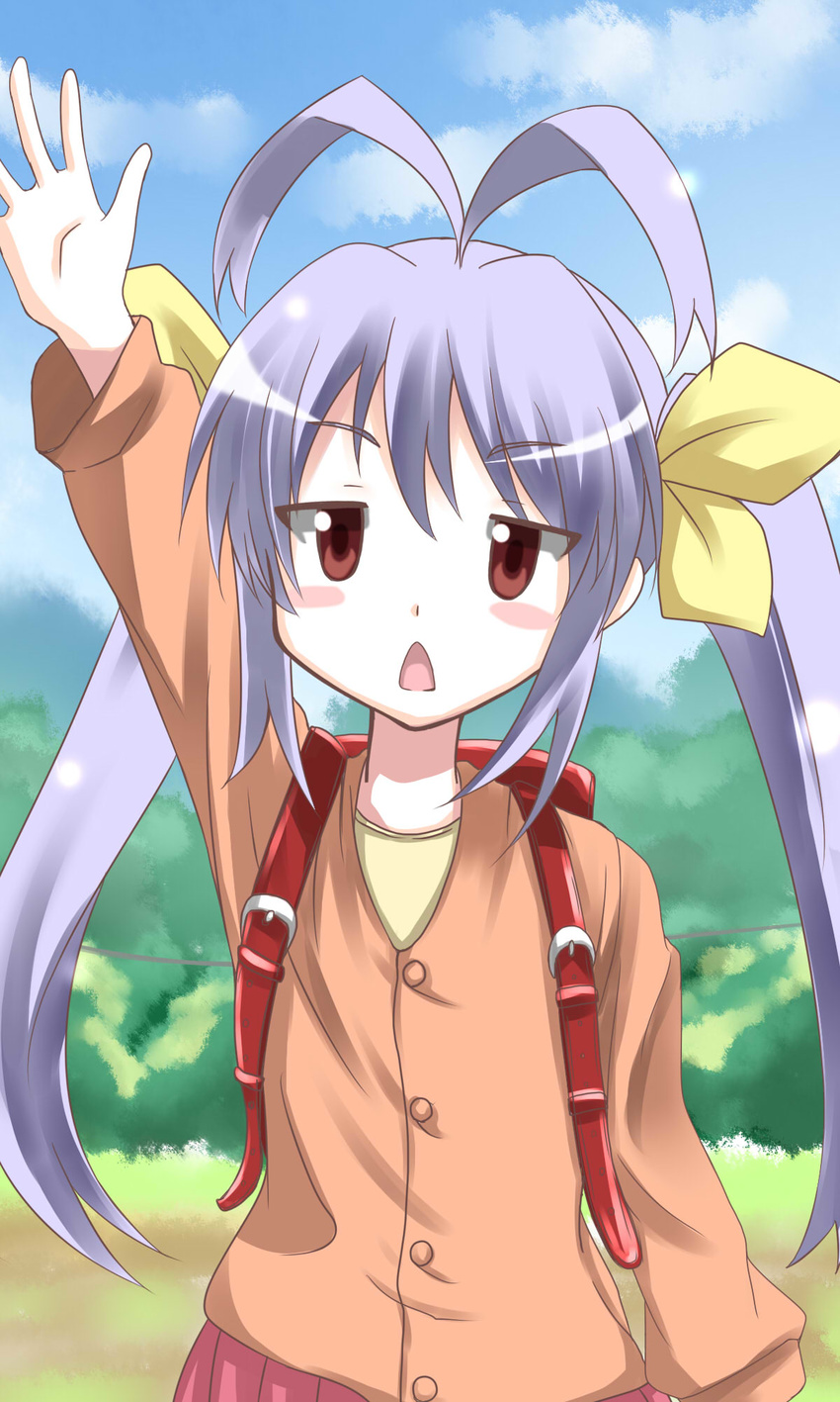 ahoge alice360 antenna_hair blush brown_eyes female female hair_ornament hair_ribbon highres lolicon long_hair looking_at_viewer miyauchi_renge non_non_biyori nyanpasu open_mouth plant pleated_skirt purple_hair randoseru ribbon shiny_hair skirt sky solo standing straight_hair sweater tree triangle_mouth twintails