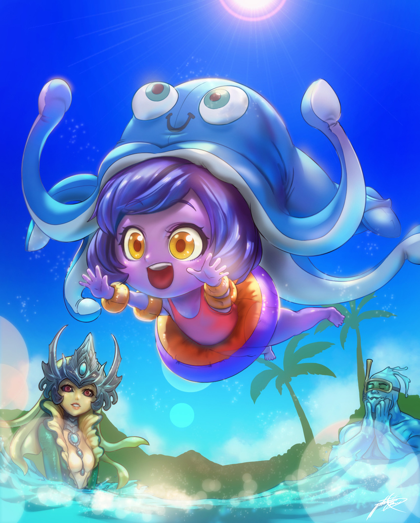 1boy 2girls :d alternate_skin_color animal_hat barefoot black_sclera blue_skin chibi colored_sclera colored_skin commentary_request feels_good_(meme) gem hat headpiece highres inflatable_armbands innertube jumping korean_commentary league_of_legends lens_flare lulu_(league_of_legends) meme mermaid monster_boy monster_girl multiple_girls nami_(league_of_legends) ocean open_mouth outstretched_arms palm_tree partially_submerged phantom_ix_row photoshop_(medium) pool_party_(league_of_legends) pool_party_lulu pool_party_zac purple_hair purple_skin red_eyes signature slime_(creature) slime_boy smile snorkel squid_hat swim_ring swimsuit tree water yellow_eyes yordle zac_(league_of_legends)