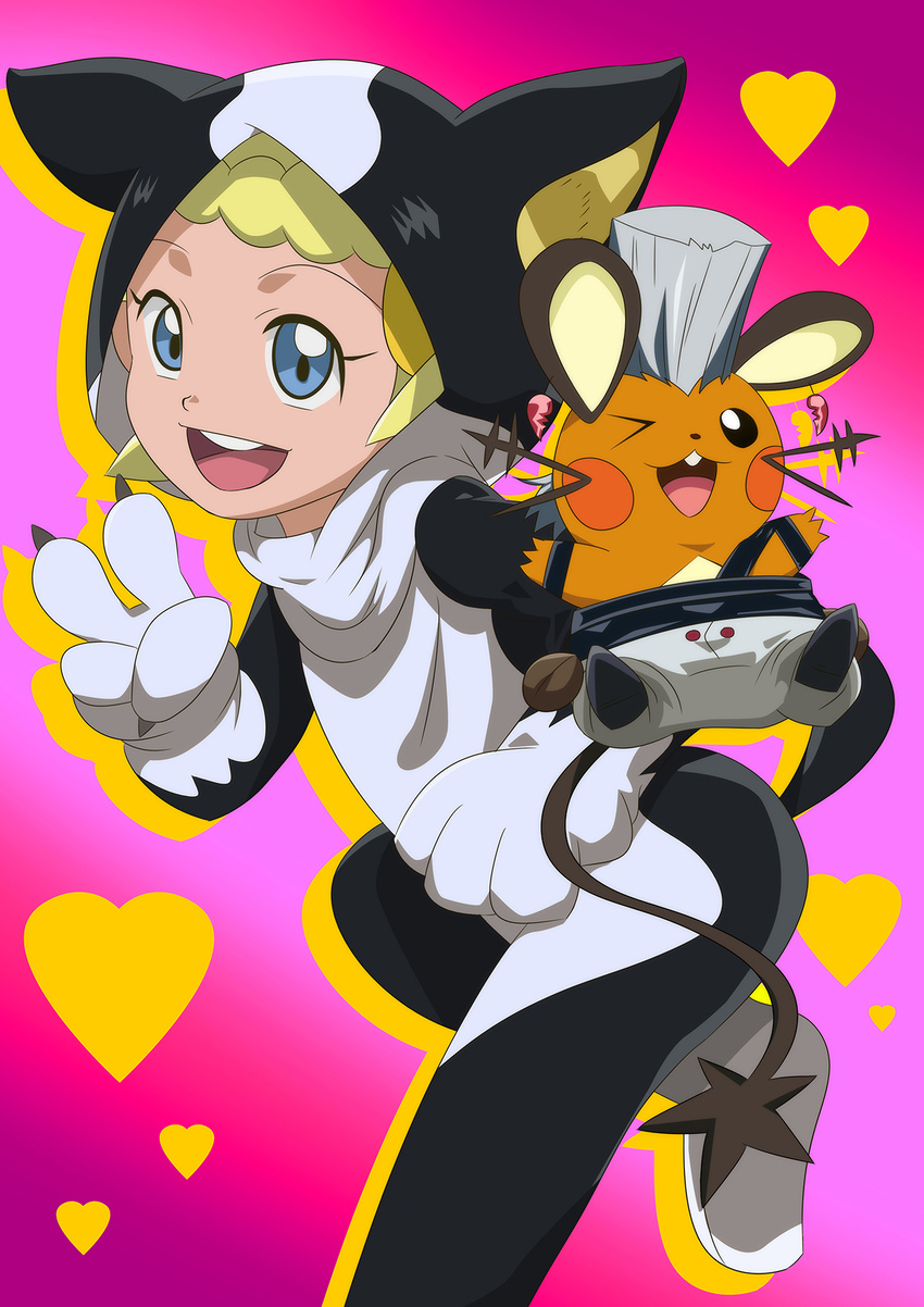 1boy ;) animal_costume bad_id bad_pixiv_id blonde_hair blue_eyes bonnie_(pokemon) cosplay dedenne dog_costume earrings gradient_background heart heart_background highres iggy_(jojo) iggy_(jojo)_(cosplay) jean_pierre_polnareff jean_pierre_polnareff_(cosplay) jewelry jojo_no_kimyou_na_bouken lolicon one_eye_closed photoshop_(medium) pokemon pokemon_(anime) pokemon_(creature) pokemon_xy_(anime) reo_j smile tail v