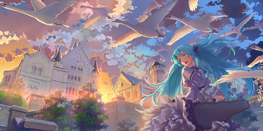 animal aqua_eyes aqua_hair bird building clouds dress geister hatsune_miku instrument long_hair sky sunset twintails vocaloid