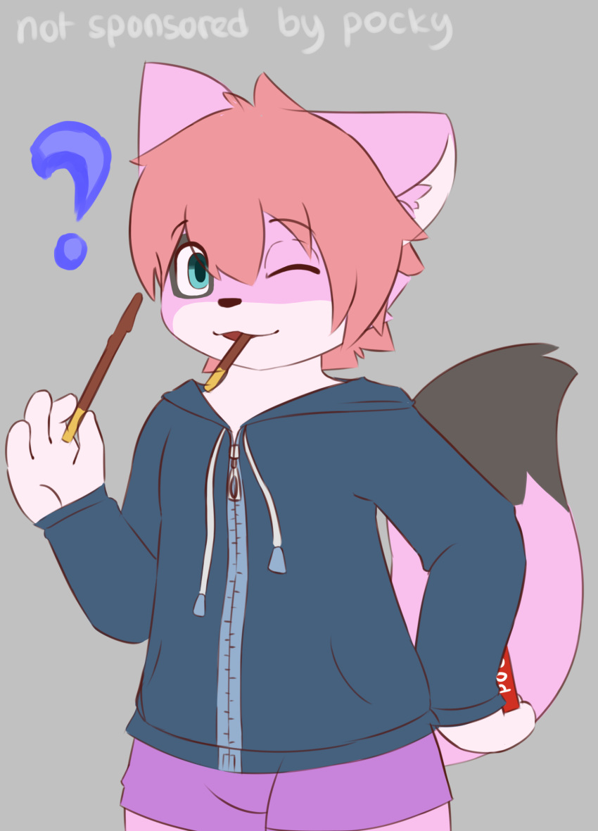 absurd_res anthro blue_eyes boxers_(clothing) clothing cynxie_(artist) domestic_cat felid feline felis food fur hair hi_res hoodie male mammal naz_namaki_(cynxie) pink_body pink_fur pink_hair pocky question_mark simple_background solo topwear underwear young young_anthro