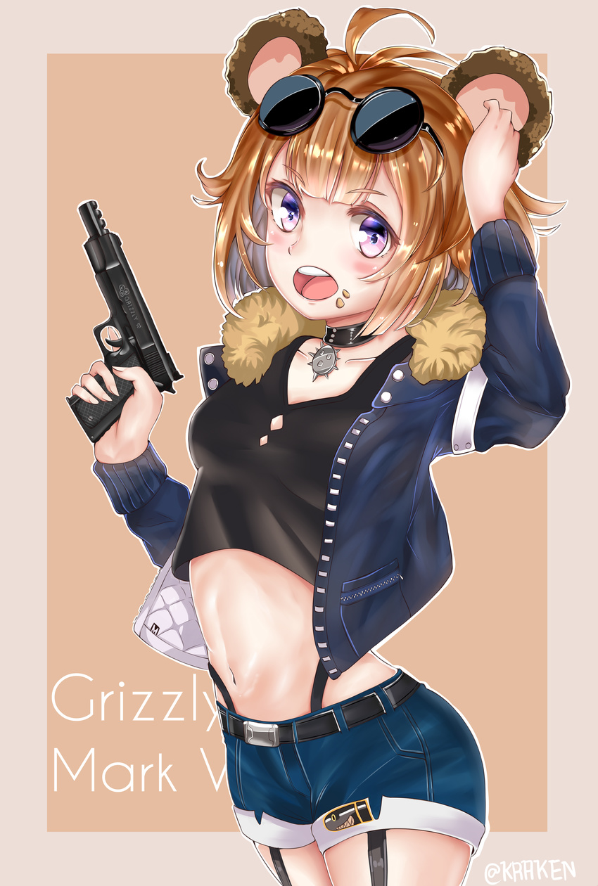 absurdres aged_down ahoge animal_ears bear_girl blush breasts brown_hair collarbone commentary_request eyewear_on_head female food_in_mouth girls'_frontline grizzly_mkv_(girls'_frontline) grizzly_mkv_(teddy_transform!)_(girls'_frontline) gun handgun highres jacket kuraken looking_at_viewer midriff navel official_alternate_costume open_mouth purple_eyes short_hair shorts small_breasts sunglasses trigger_discipline weapon