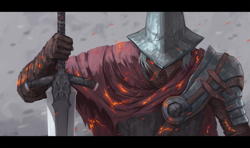 1boy abyss_watcher armor cape commentary dark_souls_(series) dark_souls_iii glowing glowing_eyes helmet highres ikastep letterboxed male_focus pauldrons photoshop_(medium) red_eyes shoulder_armor solo sword weapon white_hair