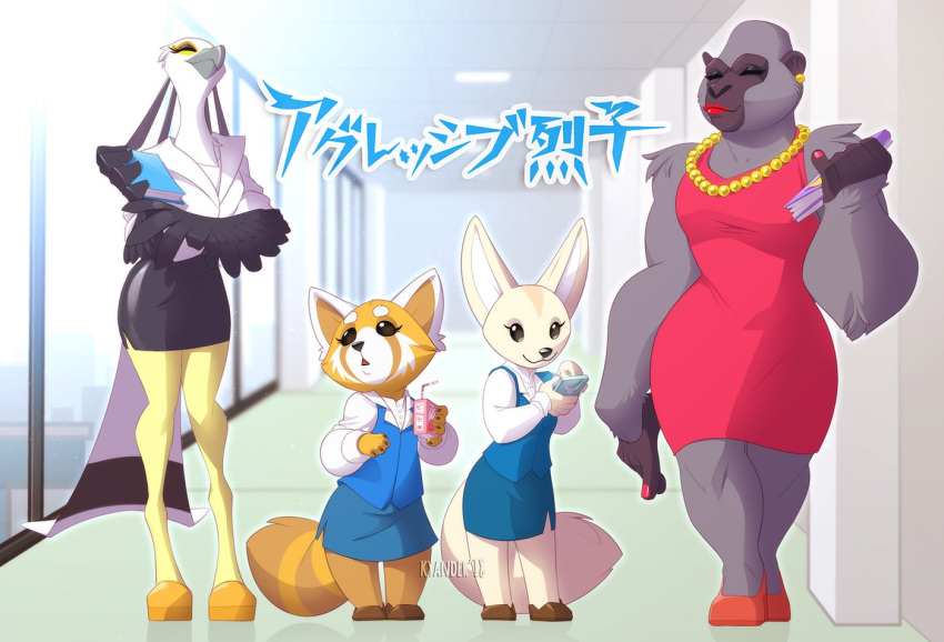 2018 accipitriform aggretsuko ailurid anthro ape avian beak bird canid canine cellphone closed_eyes clothed clothing digital_media_(artwork) director_gori electronics feathers female fennec_fox fenneko fox fur gorilla haplorhine kyander mammal markings mole_(marking) phone primate red_panda retsuko sanrio secretary_bird secretary_washimi simple_background true_fox white_body white_feathers