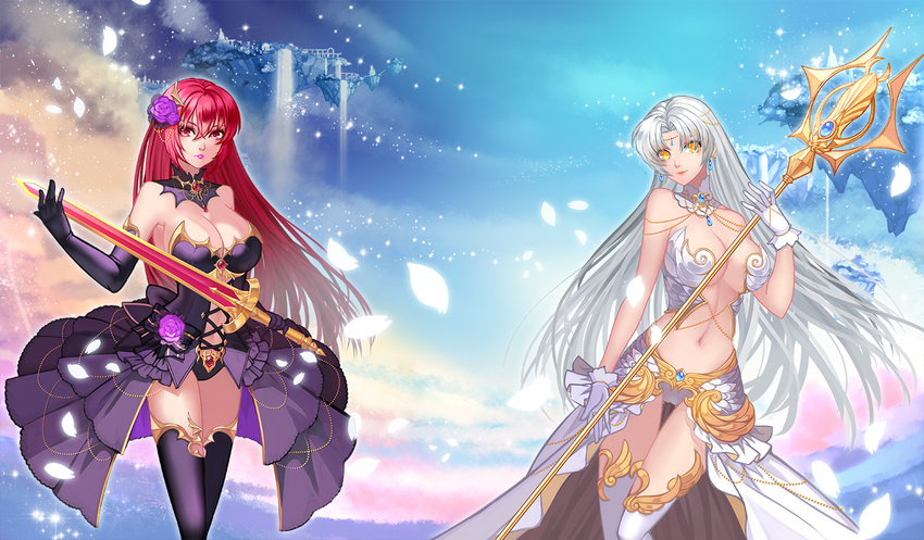 2girls black_gloves black_legwear breasts commentary detached_collar douyougen earrings elbow_gloves floating_island flower gloves hair_flower hair_ornament holding huge_breasts jewelry long_hair looking_at_viewer multiple_girls navel original petals photoshop_(medium) red_eyes red_hair skirt sky smile staff sword thighhighs tiara weapon white_gloves white_hair white_legwear yellow_eyes