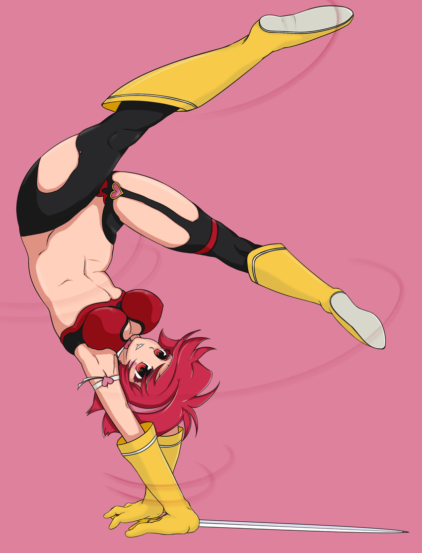 absurdres cleavage_cutout clothing_cutout commentary_request cutie_honey female gaixas1 highres kicking midriff navel photoshop_(medium) re:_cutie_honey self-upload solo sword upside-down weapon