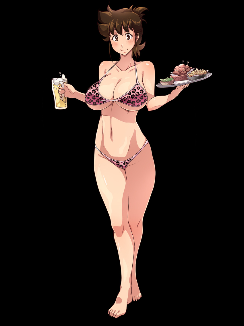 ajiyoshi_noriko alcohol barefoot beer bikini black_background blush breasts brown_eyes brown_hair cleavage cup feet female food highres huge_breasts legs looking_at_viewer milf mister_ajikko navel nightmare_express onigiri_(ocelot) short_hair simple_background smile solo standing swimsuit thighs thong toes tray