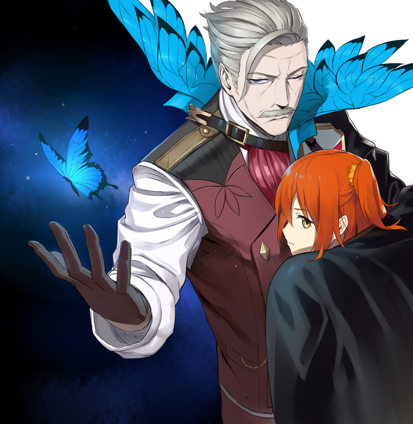 1boy arm_around_back bad_id bad_pixiv_id black_gloves blue_butterfly blue_eyes brown_eyes bug butterfly closed_mouth commentary_request facial_hair fate/grand_order fate_(series) female fujimaru_ritsuka_(female) gloves grey_hair hair_between_eyes hair_ornament hand_up highres james_moriarty_(archer)_(fate) keli_bang looking_at_viewer looking_back moustache one_eye_closed orange_hair profile side_ponytail sidelocks vest