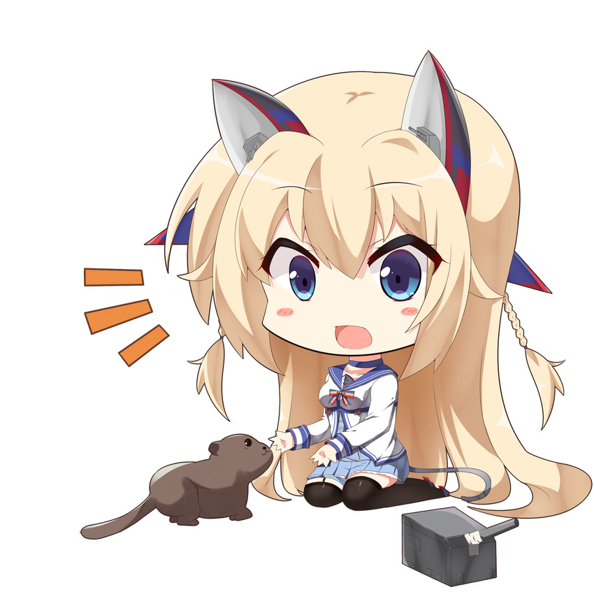 absurdres animal_ears black_legwear blue_choker blue_eyes blue_skirt braid cannon chibi choker commentary dyson_(warship_girls_r) fake_animal_ears fake_tail female flipped_hair highres jushiliu long_hair mouse_(animal) open_mouth outstretched_hand photoshop_(medium) sailor_collar seiza shirt side_braid sitting skirt staring tail thighhighs twin_braids warship_girls_r white_background white_shirt