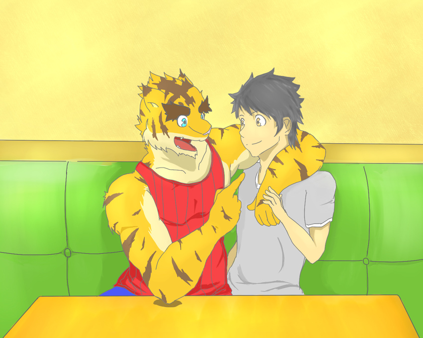 5:4 amber_eyes anthro big_muscles blue_eyes clothing duo eyebrows felid hiroyuki_(morenatsu) human kemokemo0924 male mammal morenatsu muscular muscular_male pantherine shirt smile tank_top thick_eyebrows tiger topwear torahiko_(morenatsu)