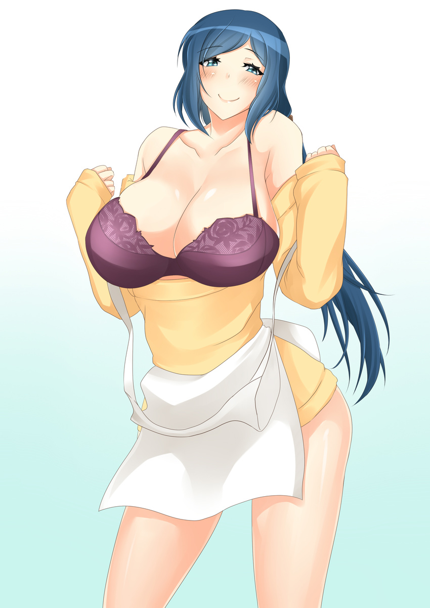 absurdres apron bad_id bad_pixiv_id blue_background blue_eyes blue_hair bra breasts cleavage female gradient_background gundam gundam_build_fighters highres huge_breasts iori_rinko lace lace-trimmed_bra lace_trim long_hair looking_at_viewer mature_female megatama purple_bra smile solo underwear