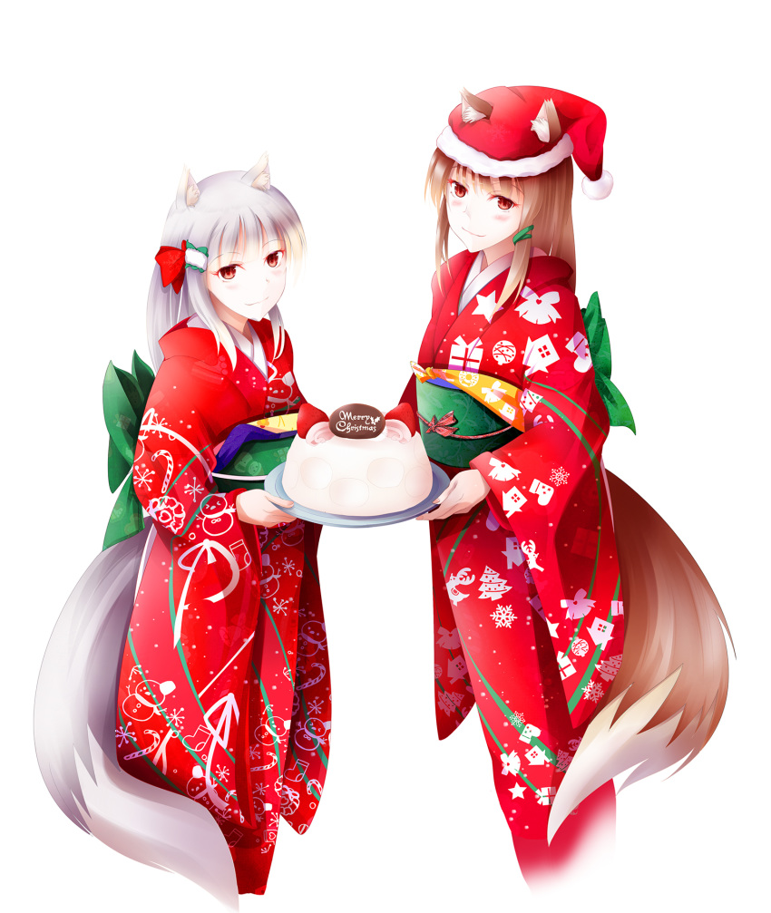 2girls animal_ears blush bow brown_hair cake christmas christmas_cake commentary_request ears_through_headwear english_text food fudo_shin green_bow grey_hair hair_ornament hairbow hairclip hat highres holding holding_cake holding_food holding_plate holo japanese_clothes kimono long_hair looking_at_viewer mother_and_daughter multiple_girls myuri_(spice_and_wolf) obi photoshop_(medium) plate print_kimono red_bow red_eyes red_hat red_kimono santa_hat sash shinsetsu_spice_and_wolf simple_background smile snowflake_print snowman_print spice_and_wolf standing tail text_focus white_background wolf_ears wolf_girl wolf_tail yukata