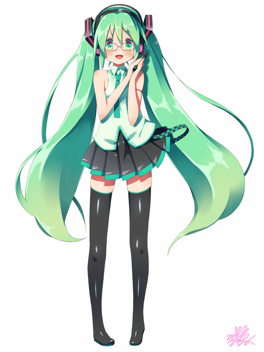 bad_id bad_pixiv_id bespectacled black_footwear black_skirt black_thighhighs boots collared_shirt commentary_request female full_body glasses green_eyes green_hair green_necktie hatsune_miku highres long_hair looking_at_viewer microphone mille necktie pink-framed_eyewear pleated_skirt red-framed_eyewear shirt signature simple_background skirt sleeveless sleeveless_shirt smile solo standing thigh_boots thighhighs twintails very_long_hair vocaloid white_background white_shirt wing_collar zettai_ryouiki