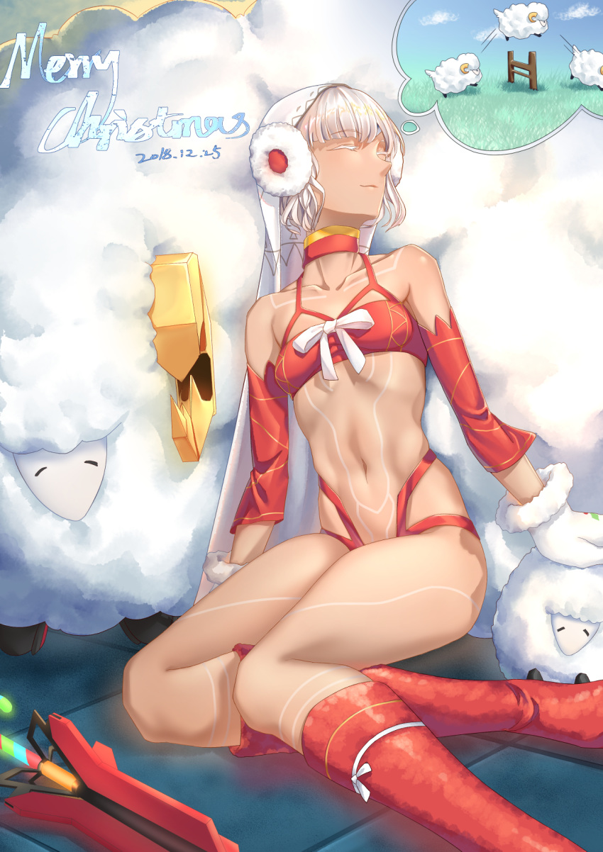 airysher altera_(fate) altera_the_santa_(fate) bare_shoulders boots closed_eyes commentary_request counting_sheep dark-skinned_female dark_skin dated detached_sleeves dreaming earmuffs fate/grand_order fate_(series) female highres knee_boots merry_christmas mittens navel red_footwear sheep short_hair sleeping smile solo stomach veil white_hair white_mittens