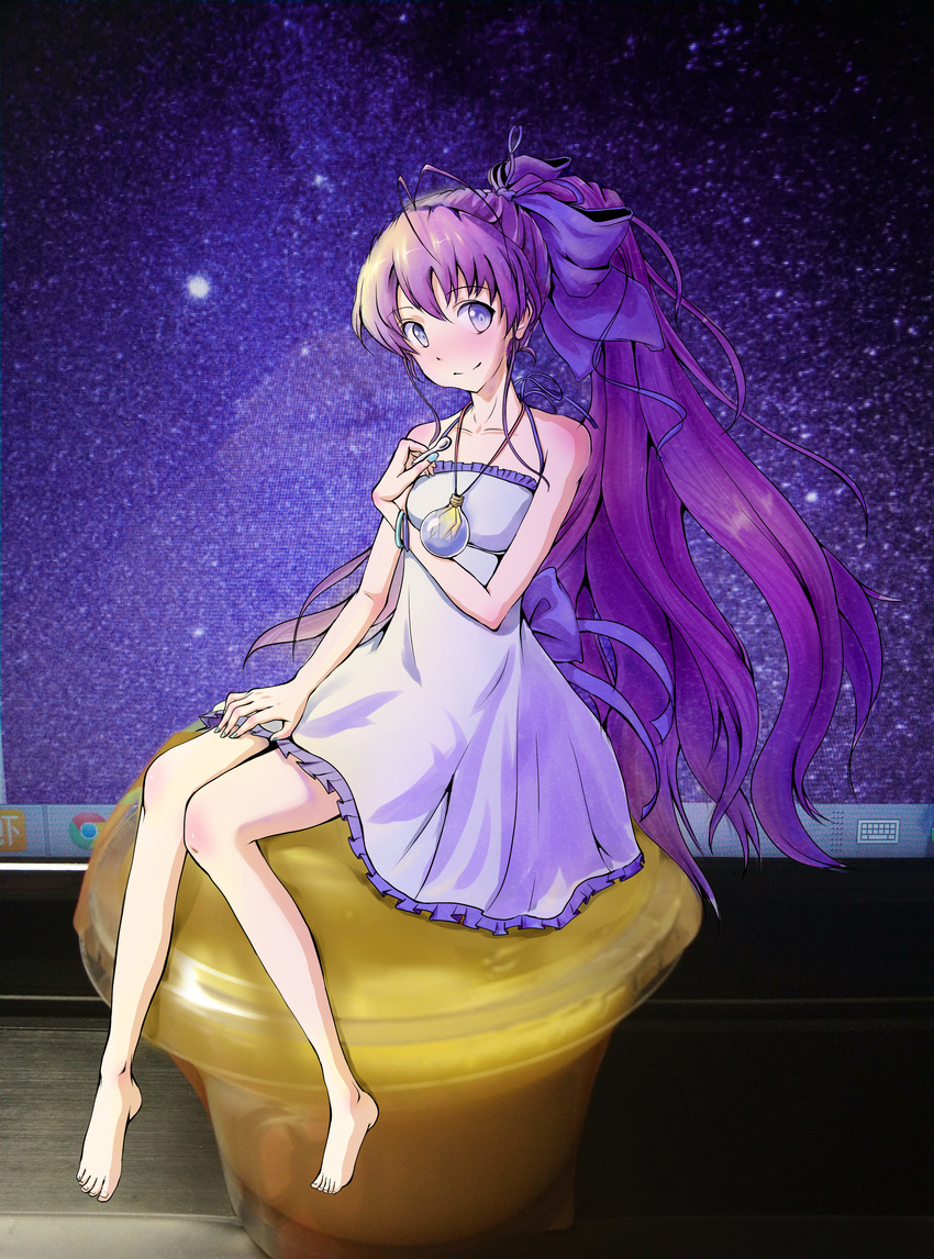 absurdres barefoot commentary_request female food hair_ribbon highres jewelry ling-yukido long_hair pendant photo_background pudding purple_eyes purple_hair ribbon ryuugajou_nanana ryuugajou_nanana_no_maizoukin sitting sky smile solo spoon star_(sky) starry_sky very_long_hair