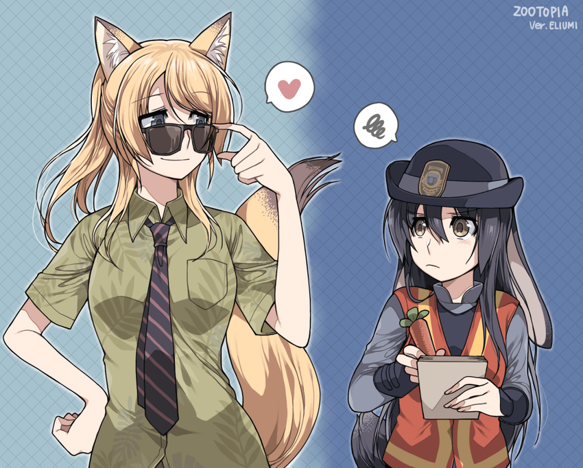 2girls animal_ears ayase_eli bad_id bad_twitter_id black_hair blonde_hair blue_eyes breast_pocket brown_eyes carrot clipe collared_shirt copyright_name cosplay fox_ears fox_tail frown hand_on_own_hip hat heart inactive_account judy_hopps judy_hopps_(cosplay) long_hair looking_at_another looking_over_eyewear love_live! love_live!_school_idol_project multiple_girls necktie nick_wilde nick_wilde_(cosplay) notepad pocket police police_hat police_uniform ponytail rabbit_ears rabbit_tail shirt smile sonoda_umi spoken_heart spoken_squiggle squiggle striped striped_necktie sunglasses tail uniform upper_body vest zootopia