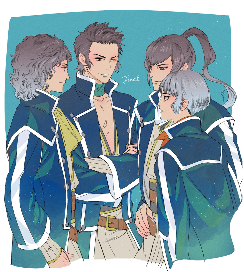 3boys ascot bad_id bad_pixiv_id black_hair blue_jacket female flynn_(megami_tensei) highres isabeau_(megami_tensei) jacket jonathan_(megami_tensei) multiple_boys nobingo ponytail shin_megami_tensei shin_megami_tensei_iv short_hair walter_(megami_tensei)