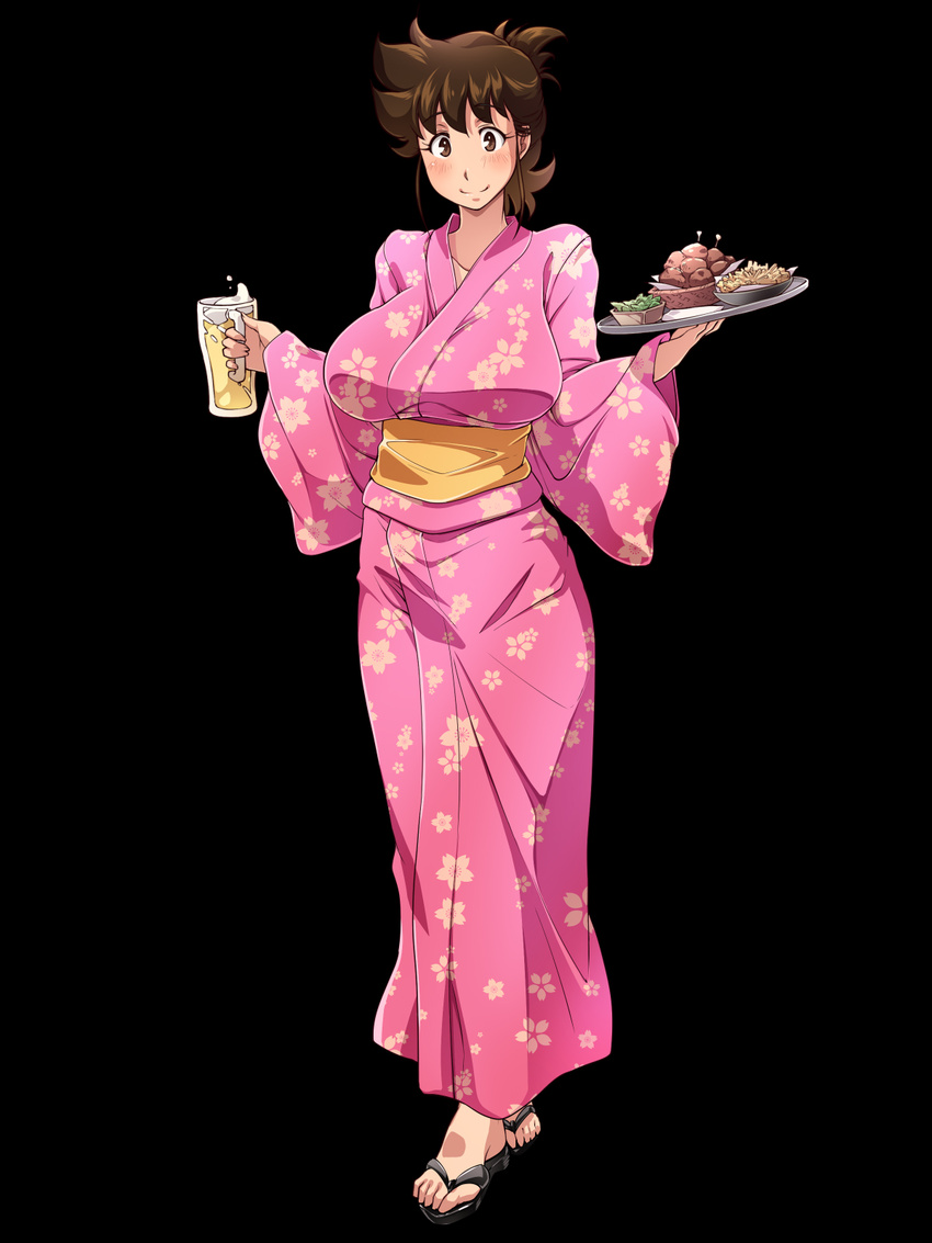 ajiyoshi_noriko alcohol beer black_background blush breasts brown_eyes brown_hair cup feet female food highres huge_breasts japanese_clothes kimono looking_at_viewer milf mister_ajikko nightmare_express onigiri_(ocelot) sandals short_hair simple_background smile solo standing toes tray