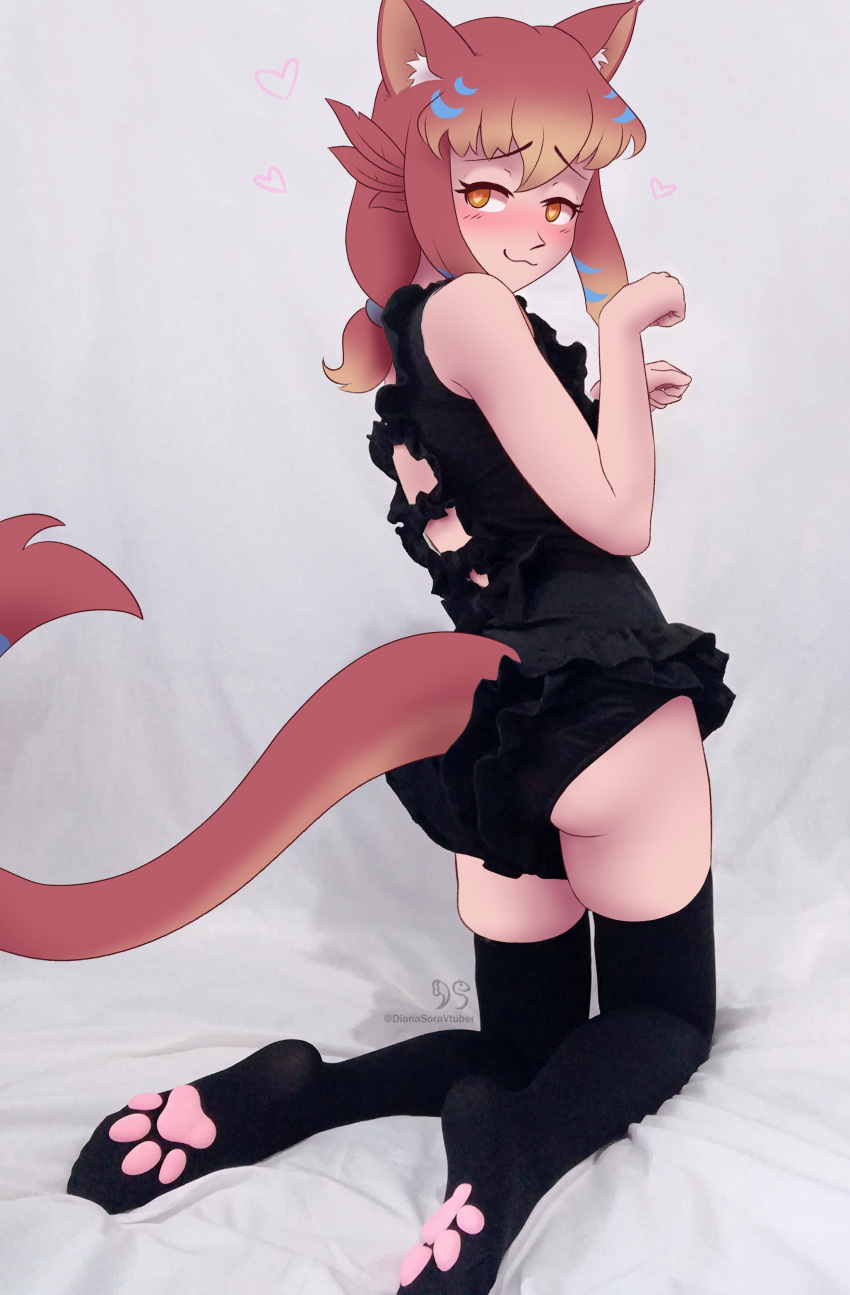 absurdres animal_ears cat_ears cat_lingerie diana_sora diana_sora_(vtuber) dinosaur_tail feathers female highres indie_virtual_youtuber meme_attire signature tail