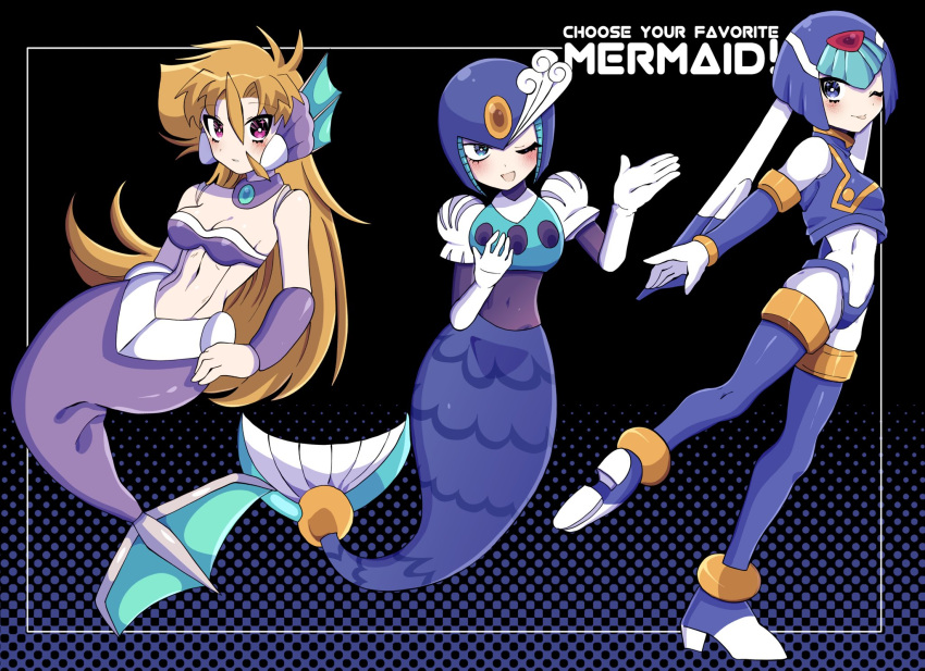 3girls armor blonde_hair blue_armor blue_helmet blush breasts cleavage english_text fairy_leviathan_(mega_man) full_body helmet highres koshianpancake long_hair marty_(mega_man) mega_man_(classic) mega_man_(series) mega_man_x_(manga) mega_man_x_(series) mega_man_zero_(series) mermaid monster_girl multiple_girls one_eye_closed purple_eyes robot_girl splash_woman trait_connection