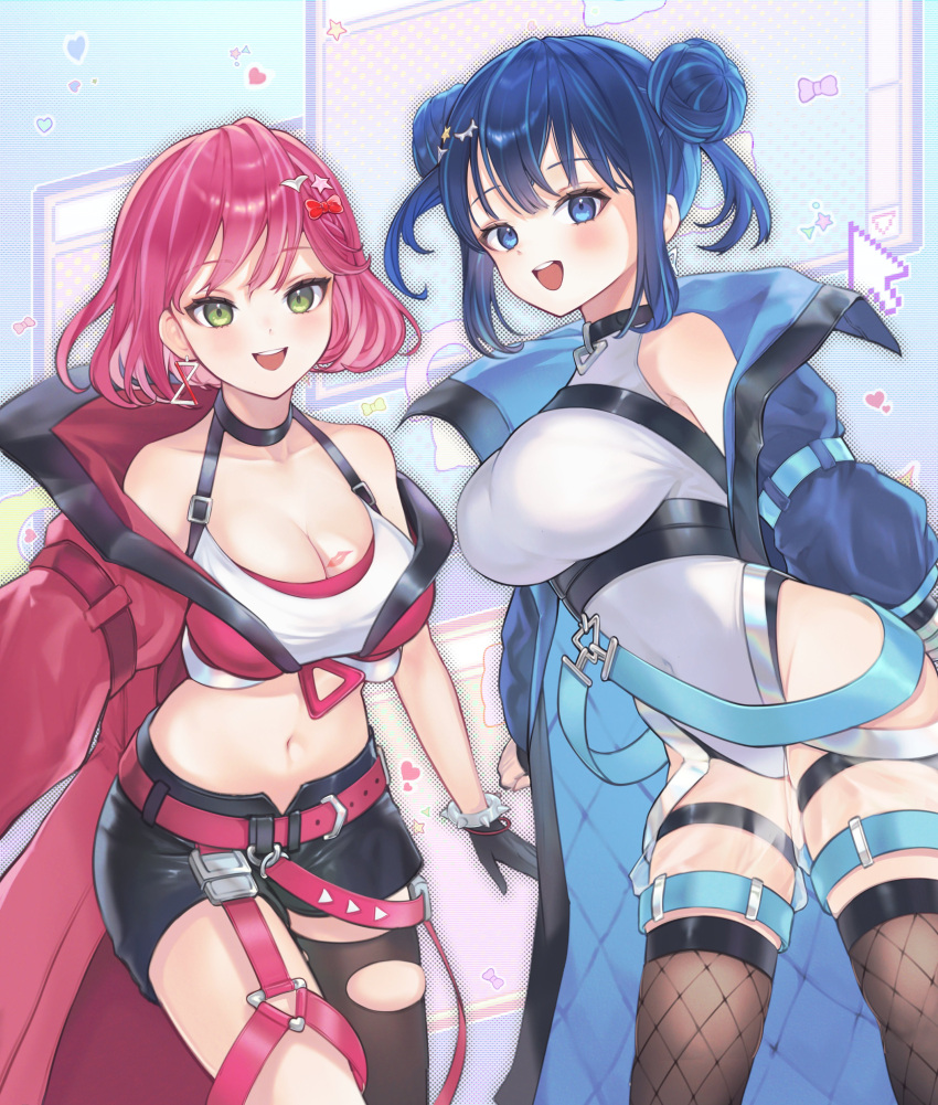 2girls absurdres bare_shoulders black_gloves blue_coat blue_eyes blue_hair blush breasts cleavage coat collarbone cowboy_shot double_bun duel_monster earrings evil_twin_ki-sikil evil_twin_lil-la gloves green_eyes hair_bun heart highres jewelry ki-sikil_(yu-gi-oh!) leotard lil-la_(yu-gi-oh!) lipstick_mark lipstick_mark_on_breast midriff multiple_girls navel off_shoulder open_mouth red_coat red_hair senada37 short_hair smile strapless tube_top white_leotard white_tube_top yu-gi-oh!