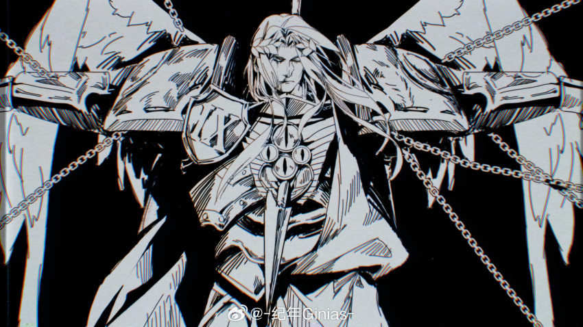 1boy angel angel_wings armor artist_name black_background blood blood_angels blurry breastplate cape chained chains chromatic_aberration commentary couter depth_of_field dying english_commentary eyes_of_horus_(warhammer_40k) feathered_wings full_armor ginias highres impaled laurel_crown long_hair male_focus monochrome nosebleed pauldrons polearm power_armor primarch regalia_resplendent rerebrace roman_numeral sanguinius shoulder_armor simple_background solo spear straight-on upper_body warhammer_40k weapon wings