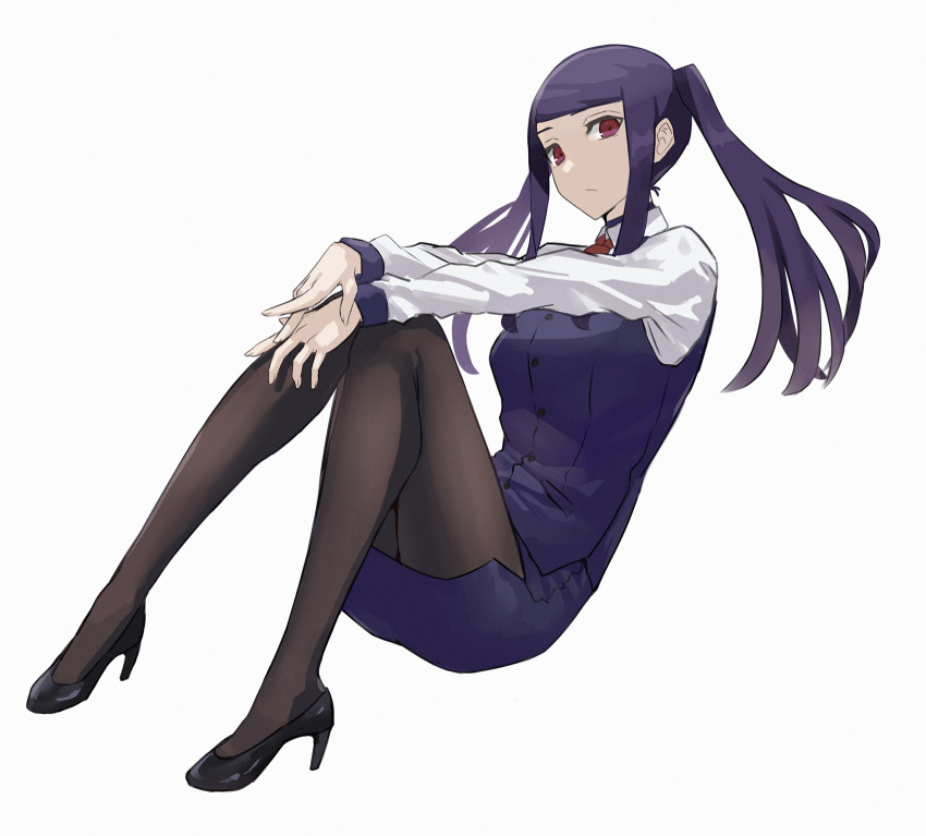 asakiri_koko black_pantyhose female hashtag-only_commentary high_heels highres jill_stingray long_sleeves necktie pantyhose pencil_skirt purple_hair purple_vest purple_wrist_cuffs red_eyes red_necktie shirt sitting skirt solo twintails va-11_hall-a vest white_background white_shirt wrist_cuffs