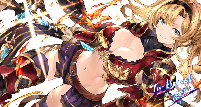 absurdres armor belt belt_buckle black_hairband blonde_hair blue_eyes breasts brown_belt buckle cleavage commission dutch_angle english_commentary female gauntlets granblue_fantasy granblue_fantasy_versus hair_intakes hairband highres holding holding_polearm holding_weapon large_breasts leg_armor long_hair looking_at_viewer monogrbl navel parted_lips polearm red_armor second-party_source showgirl_skirt signature smile solo twintails weapon white_background zeta_(granblue_fantasy)