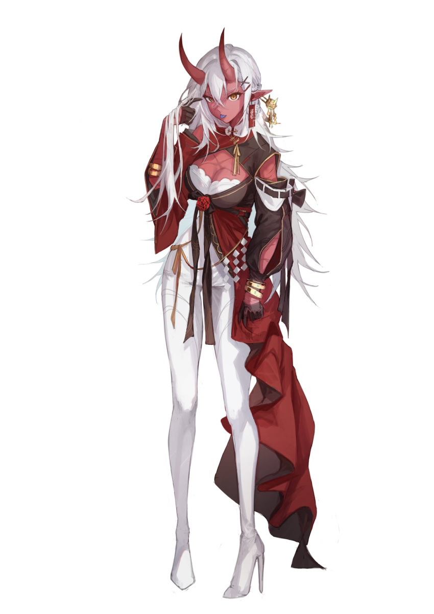 akumi_(yoclesh) bracelet cleavage_cutout clothing_cutout colored_skin dress earrings female high_heels highres horns indie_virtual_youtuber jewelry kingcraft_kingu orange_eyes pointy_ears red_dress red_horns red_skin scar tagme white_footwear white_hair white_unitard