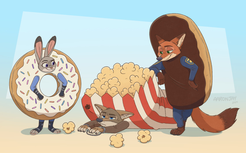 aar0njay anthro canid canine canis clothing costume coyote dessert disney donut_costume doughnut eclair eclair_costume female food food_costume fox group hi_res judy_hopps lagomorph leporid male mammal nick_wilde pastry popcorn popcorn_costume rabbit trio zootopia