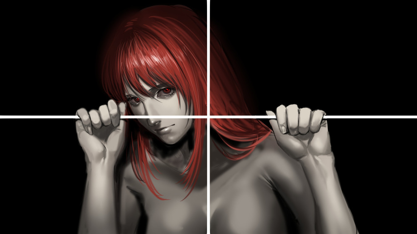 absurdres black_background breasts commentary completely_nude elden_ring english_commentary female fourth_wall hanneli_(hanny) hanny_(uirusu_chan) highres long_hair looking_at_viewer medium_breasts nude optical_illusion out-of-frame_censoring pale_skin portrait red_eyes red_hair social_media_composition solo split_depth through_medium through_screen