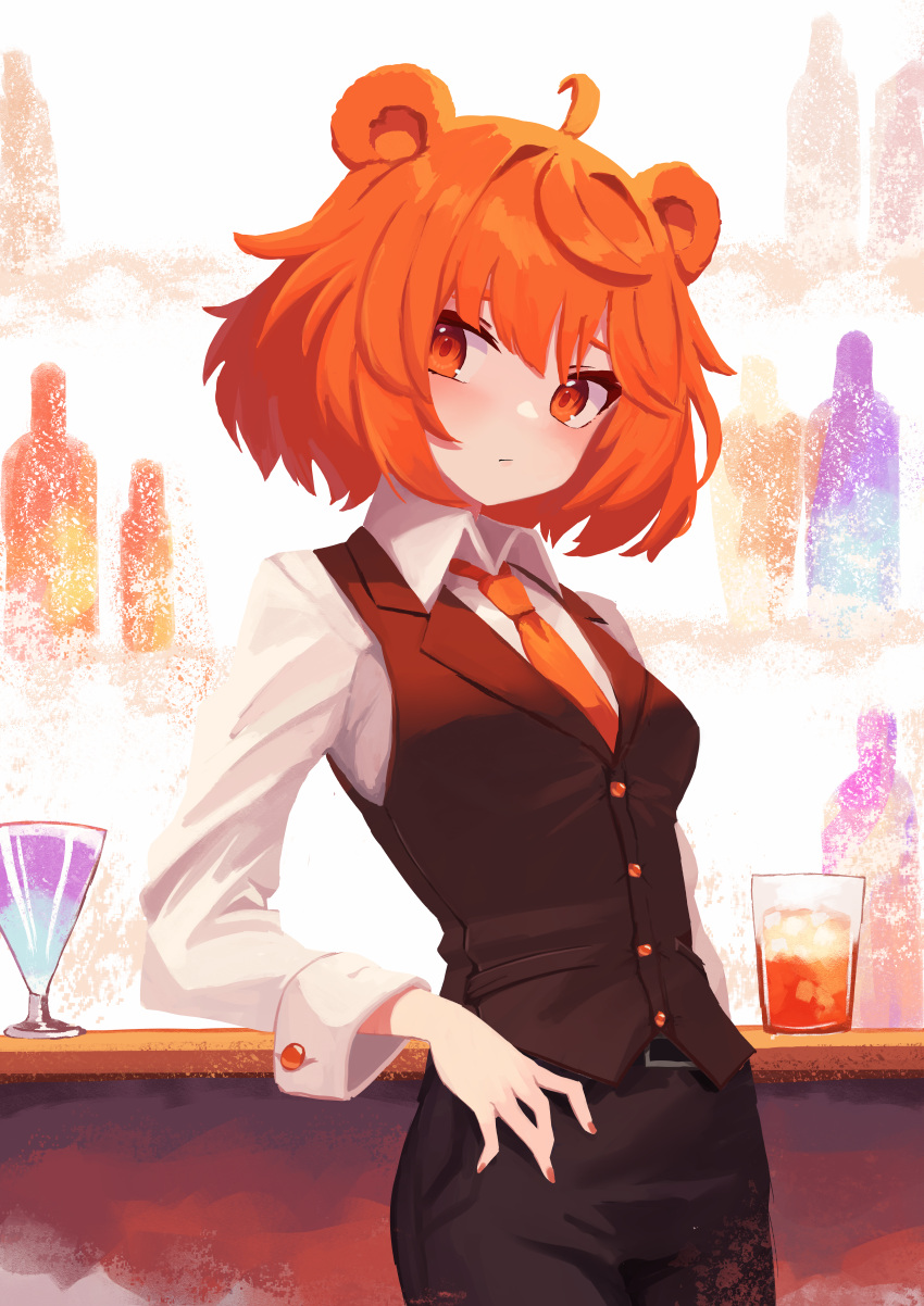 absurdres ahoge animal_ears bartender bear_ears breasts cup drinking_glass female highres looking_at_viewer necktie original red_eyes red_hair red_necktie shirt short_hair small_breasts solo vest waistcoat white_shirt yan_kodiac