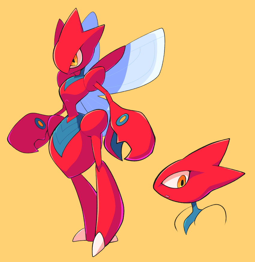 absurd_res ambiguous_gender anthro arthropod biped black_markings cel_shading generation_2_pokemon hi_res insect_wings insects markings nintendo pincers pokemon pokemon_(species) red_body scizor shaded simple_background sinfrou solo wings yellow_background yellow_eyes