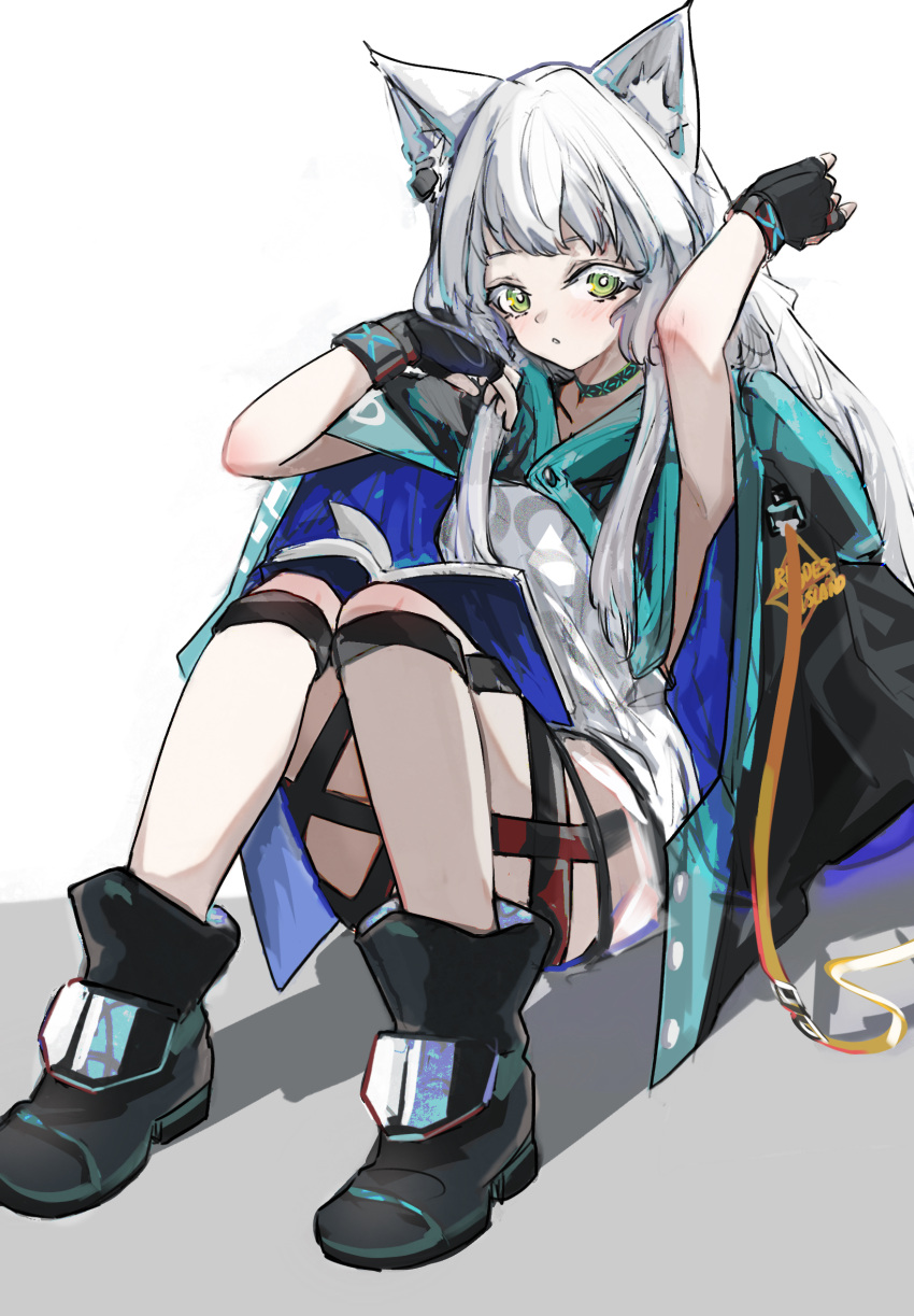 animal_ear_fluff animal_ears arknights armpits arms_up black_coat black_footwear black_gloves blush boots bracelet breasts cat_ears coat coat_on_shoulders collar collarbone dress female fingerless_gloves full_body gloves green_eyes grey_hair highres infection_monitor_(arknights) jewelry knee_boots knees_up long_hair looking_at_viewer medium_breasts parted_lips pasties rosmontis_(arknights) see-through_clothes simple_background sitting skirt solo very_long_hair whate=3r white_background white_dress white_skirt