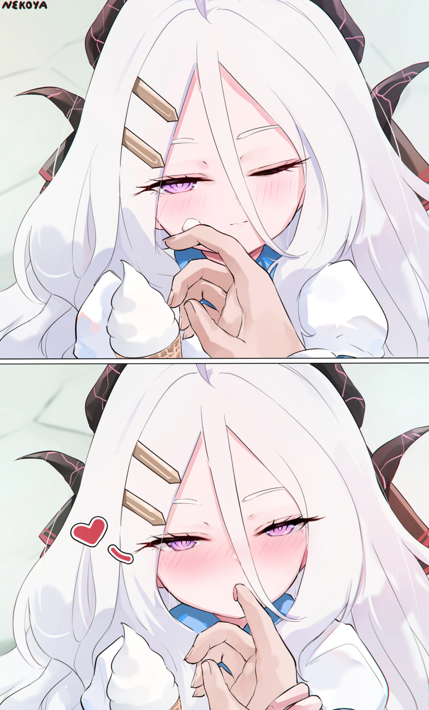 1boy absurdres ahoge blue_archive blush female finger_in_another's_mouth food food_on_face grabbing_another's_hand hair_between_eyes hair_ornament hairclip hand_on_another's_wrist heart highres hina_(blue_archive) holding holding_food holding_ice_cream horns ice_cream ice_cream_cone ice_cream_on_face licking licking_finger long_hair looking_at_viewer multiple_horns nekoya_(liu) one_eye_closed parted_bangs purple_eyes soft_serve tongue white_hair